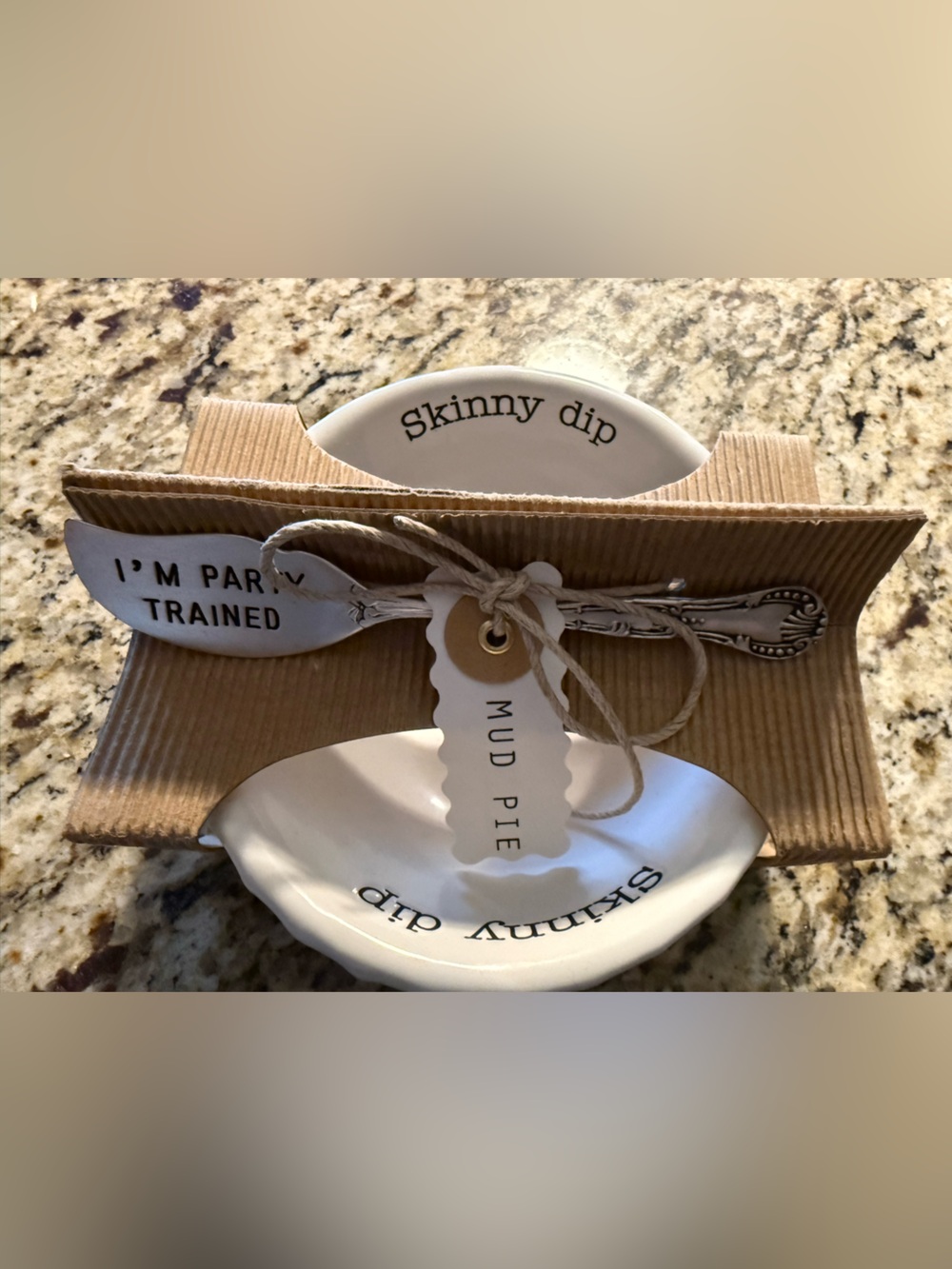 Mud Pie White Ceramic 'Skinny Dip' Dipping Dish Set with Silver Spoon